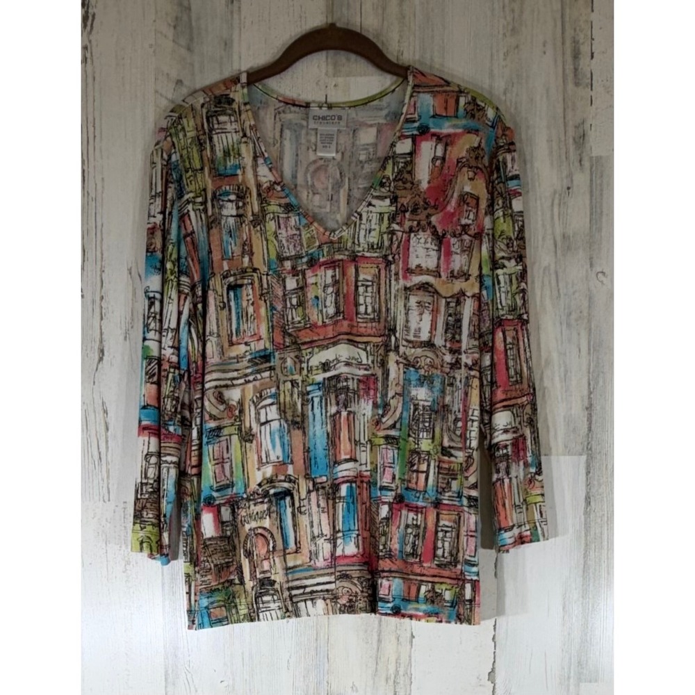 Chicos Travelers Top Size 2 Large Multicolor Architectural Cityscape V-Neck